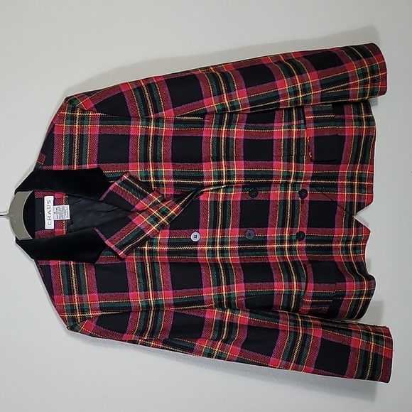Vintage Chaus Wool Plaid Blazer Jacket 12 Velvet Trim Double Breasted Classic - Picture 1 of 15